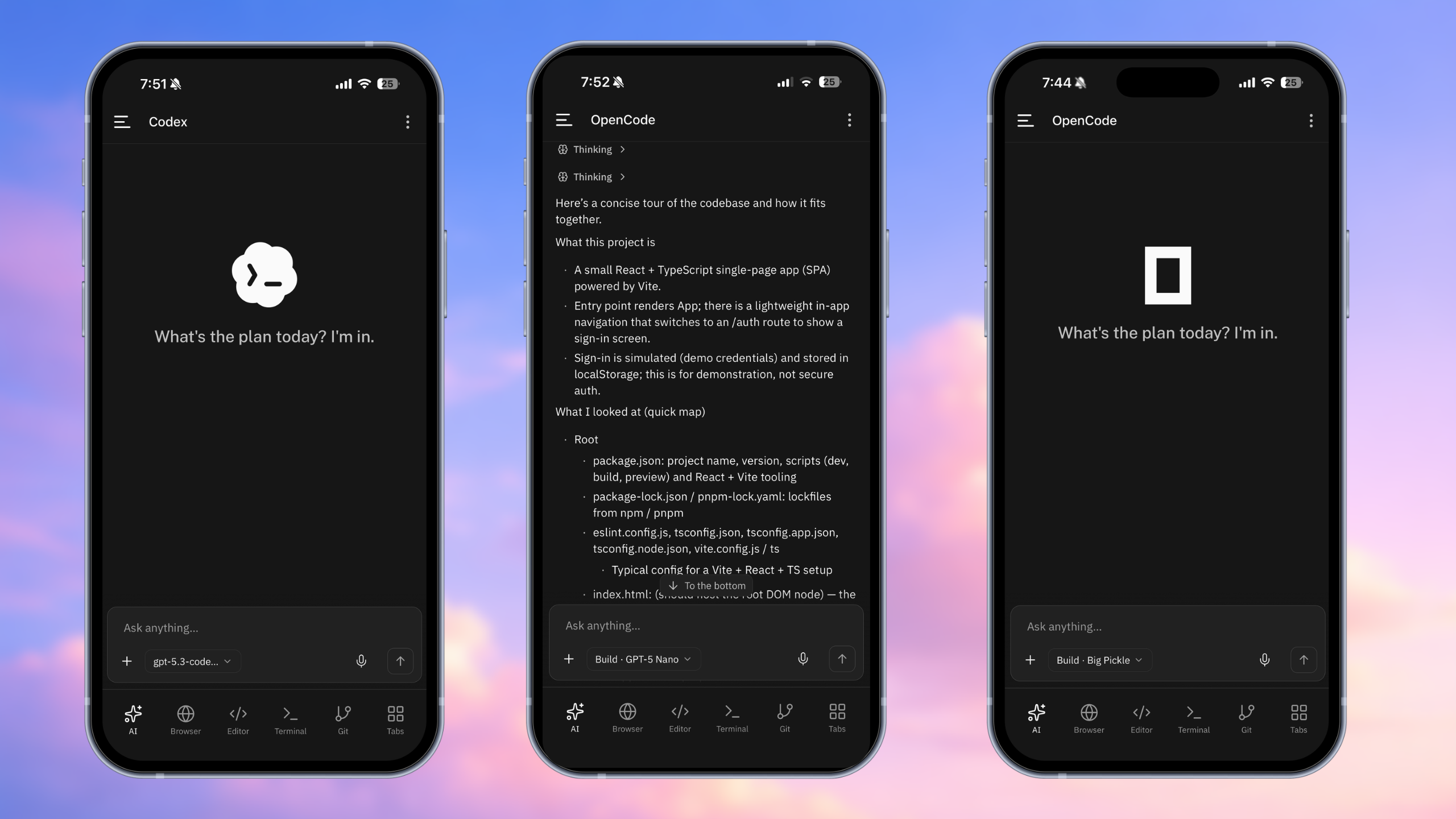 Codex and OpenCode in the mobile workspace