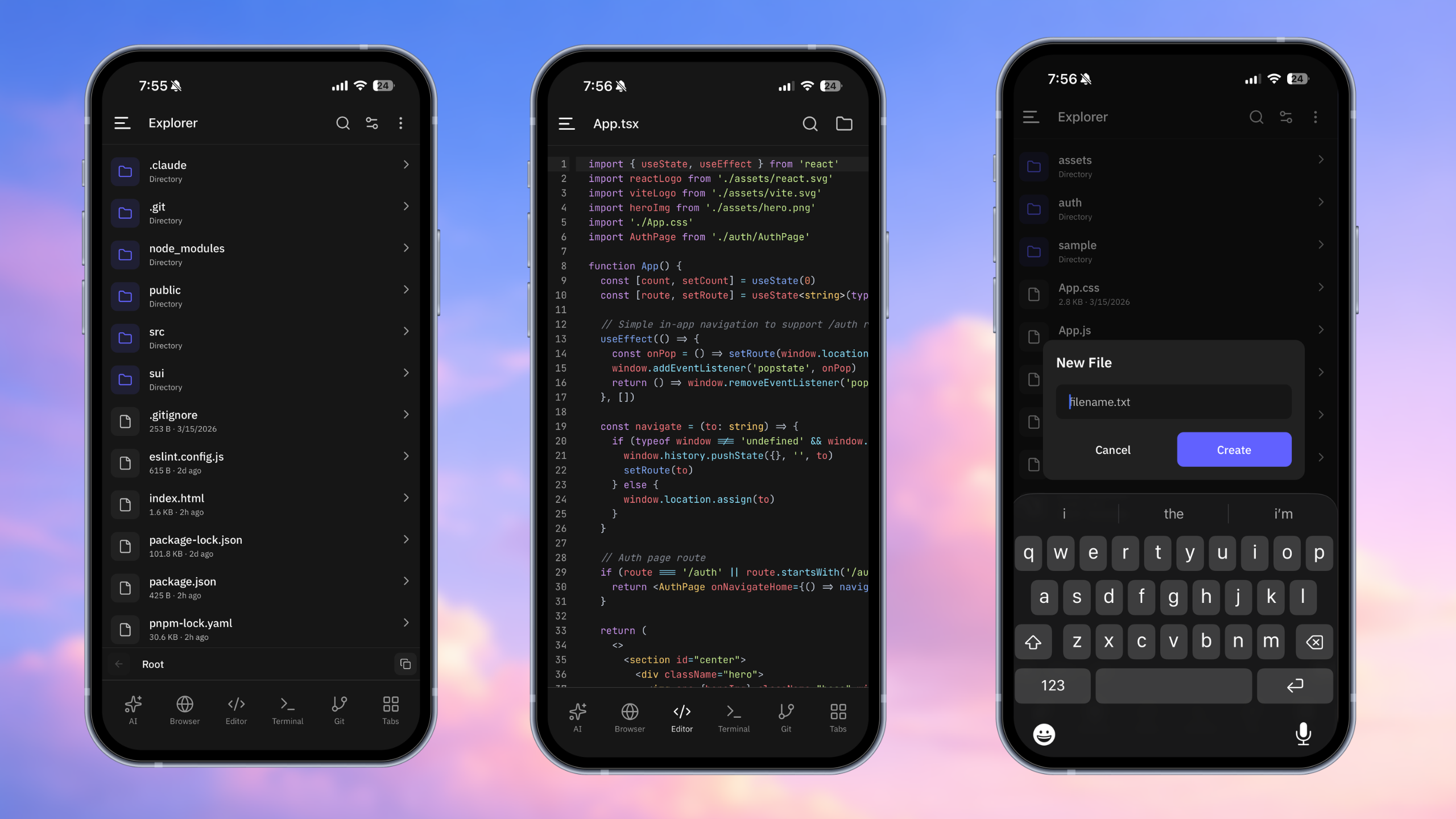 Mobile code editor and project files